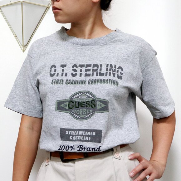 Vintage 90s Heathered Grey Guess Jeans Graphic Gasoline Car Shop Tee Size Large - Picture 1 of 8